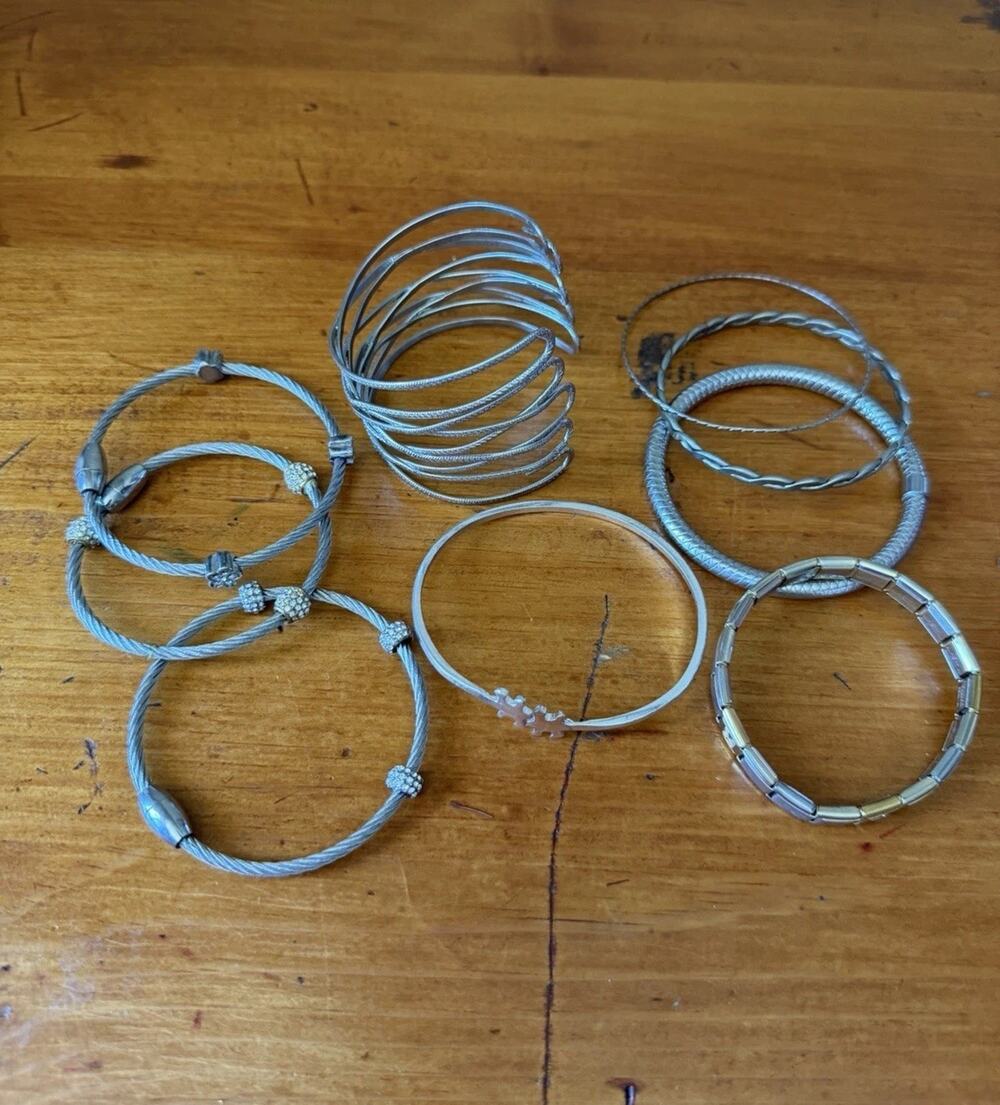 Silver Tone Bracelet Bundle Modern Cuff Cable Stretch Bangle Layering Lot
